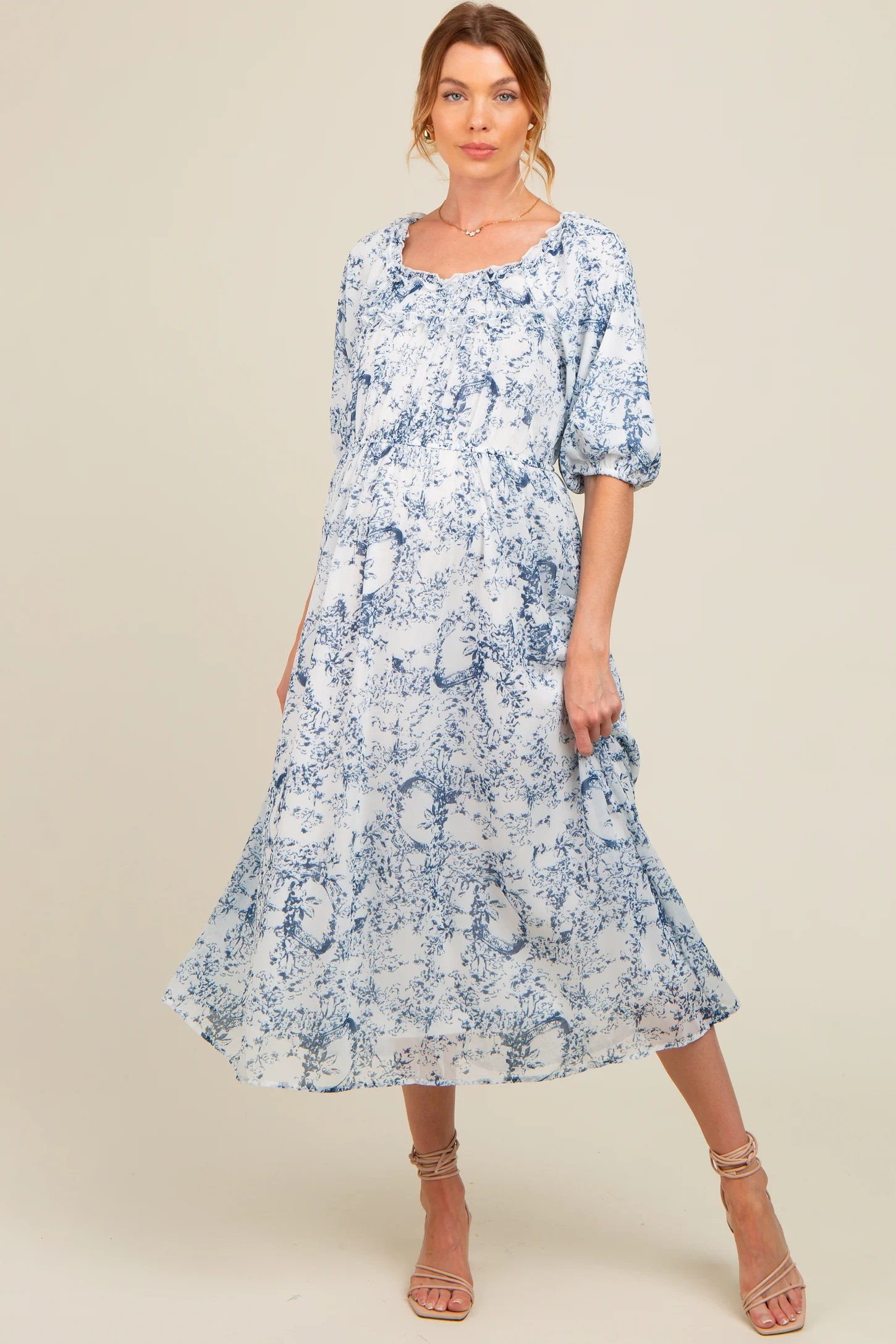 Blue Floral Square Neck Short Puff Sleeve Maternity Midi Dress | PinkBlush Maternity