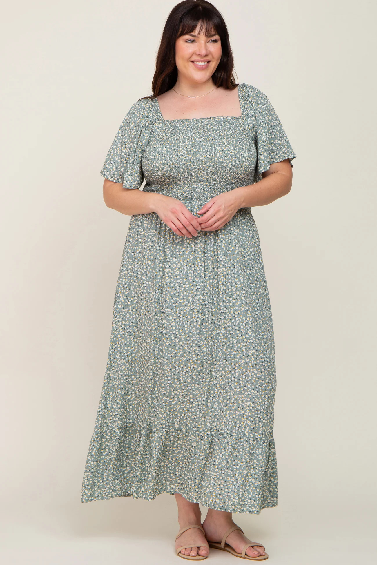 Mint Green Floral Smocked Flounce Sleeve Plus Maxi Dress | PinkBlush Maternity