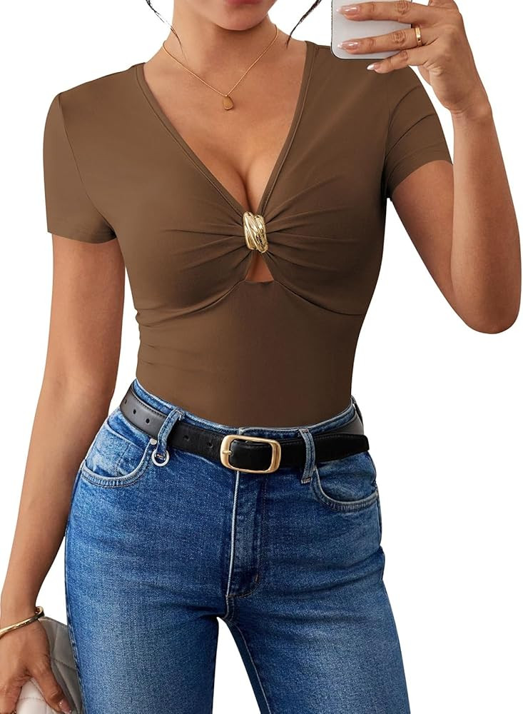 Pink Queen Women Summer Tops Stylish Deep V-Neck Short Sleeve Shirt with Metal Ring Decor | Amazon (US)