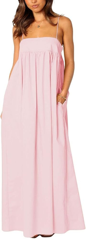 ebossy Women's Summer Backless Tied Spaghetti Straps Casual Loose Cutout Maxi Dress with Pockets | Amazon (US)