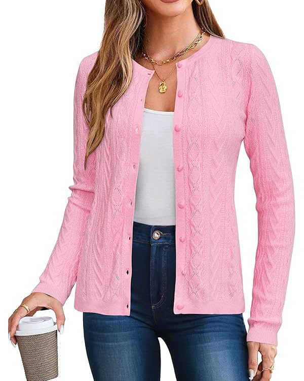 Arach&Cloz Womens 2025 Cable Knit Cardigan Long Sleeve Button Down Casual Sweater Lightweight Cre... | Amazon (US)