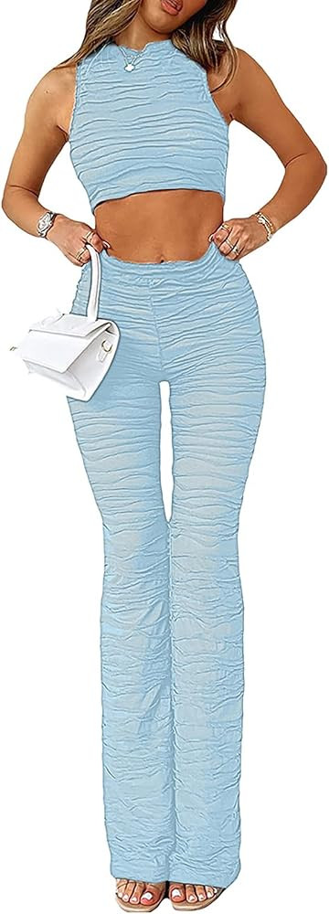 ECHOINE Mesh Sheer 2 Piece Outfits for Women Sexy Summer Sleeveless Going Out Tops Bodycon Pants ... | Amazon (US)