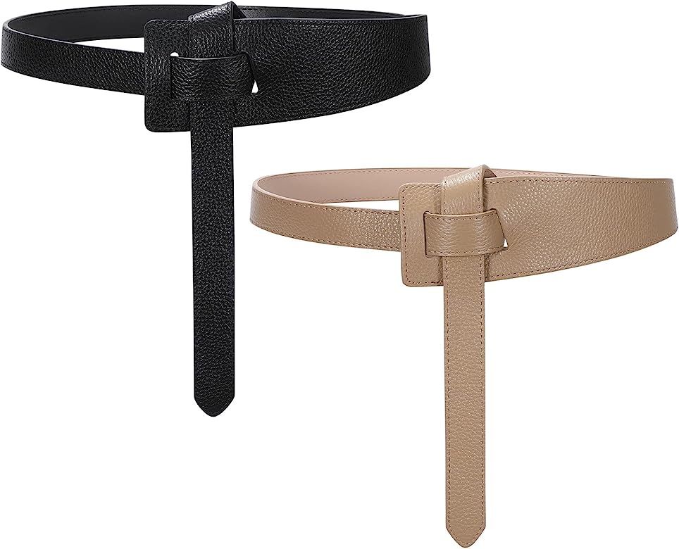 SUOSDEY 2 Pack Women Tie a Knot Belt Genuine Leather Full Grain Leather Waist Belt for Dress Coat... | Amazon (US)