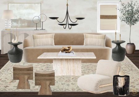 Studio McGee living room makeover! Velvet sofa, stone coffee table, neutral area rug, accent chair, modern artwork, black chandelier 

#LTKstyletip #LTKhome #LTKFind