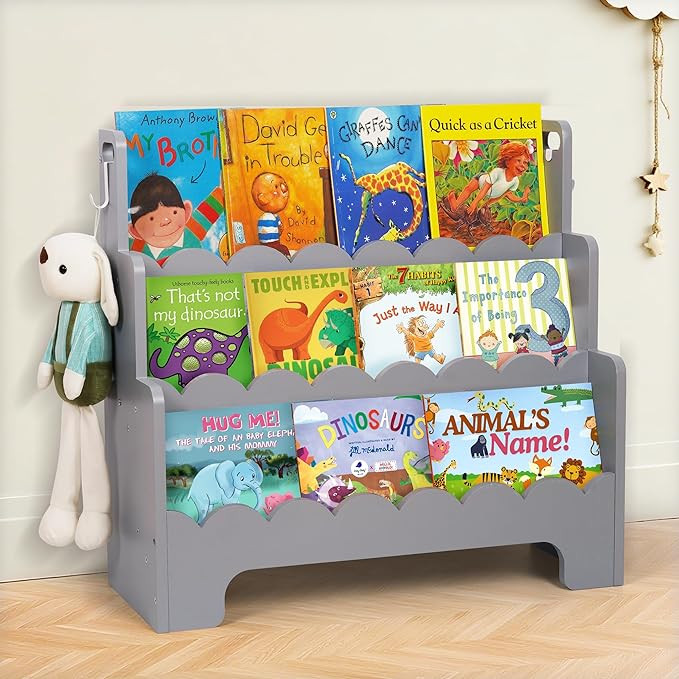 Kids Bookshelf Wooden 3-Tier, Scalloped Book Shelf for Kids Rooms, Front Facing Toddler Montessor... | Amazon (US)