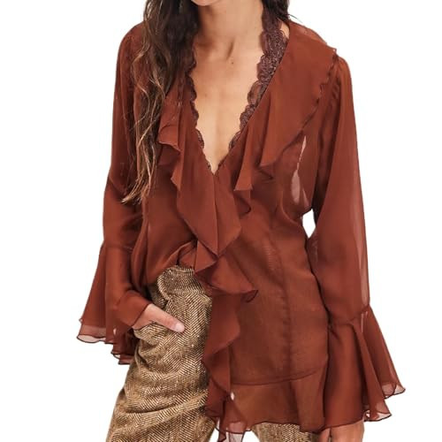 Women Ruffle Sheer Shirt Blouse Bell Sleeve Frill Top Sexy See Through Mesh Shirt Boho Chiffon Tunic Shirts Fairy (Light Brown, M) | Amazon (US)
