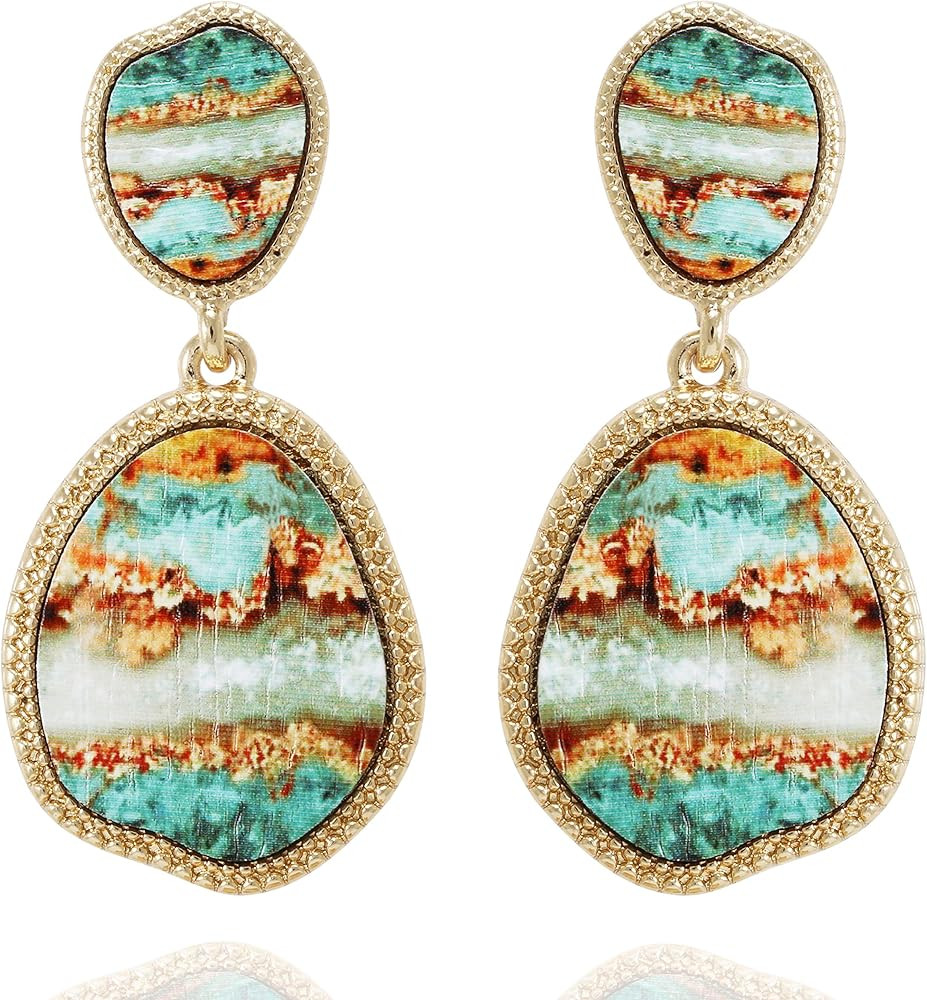 BONALUNA Bohemian Wood And Flower Printed Oval Shaped Drop Statement Earrings | Amazon (US)