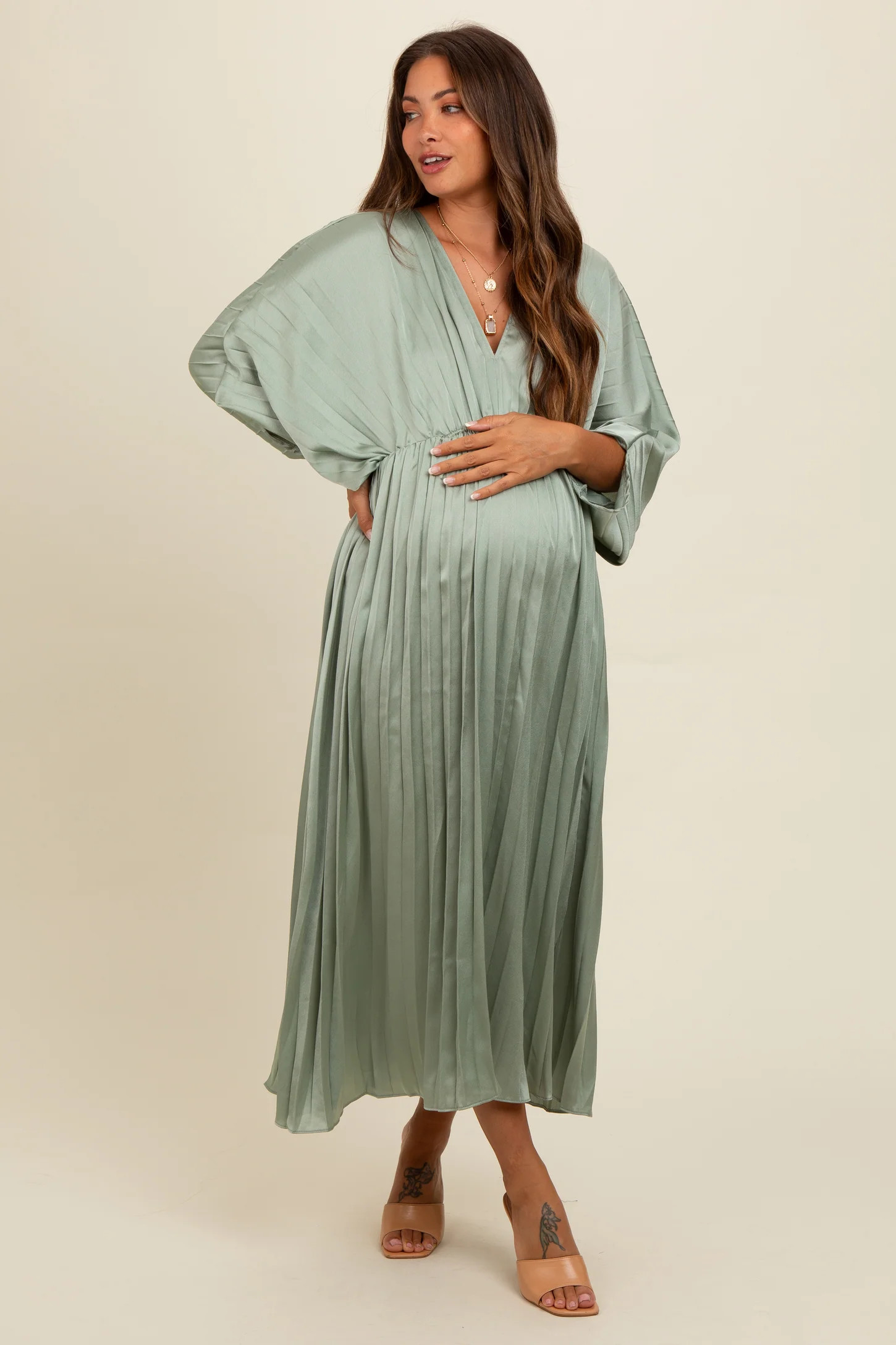 Light Olive Satin Pleated V-Neck Maternity Maxi Dress | PinkBlush Maternity