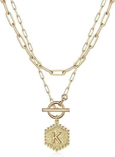 Layered Gold Initial Necklaces for Women, 14K Gold Plated Paperclip Link Chain Necklace Hexagon L... | Amazon (US)