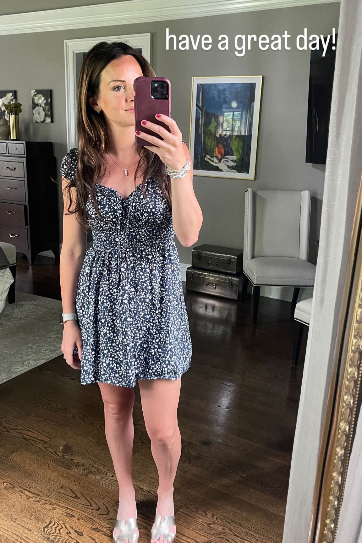 Office OOTD smocked navy blue floral boho dress and silver slide sandals

#LTKSeasonal