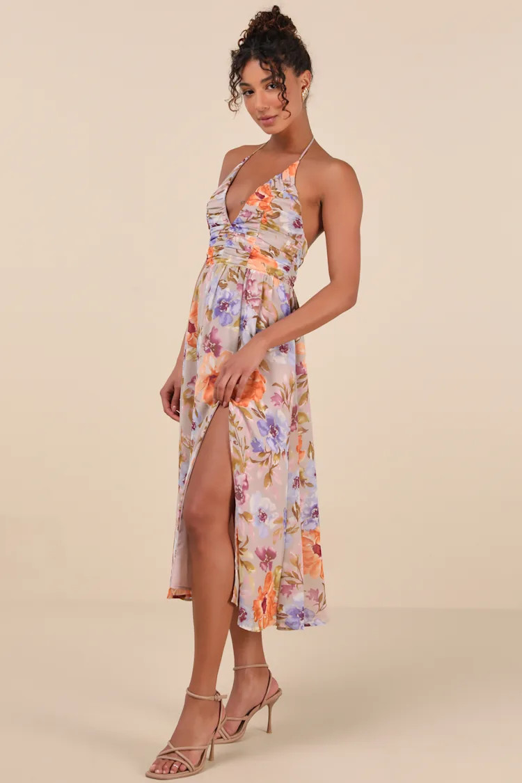 Danelle Taupe Floral Halter A-Line Midi Dress | Lulus