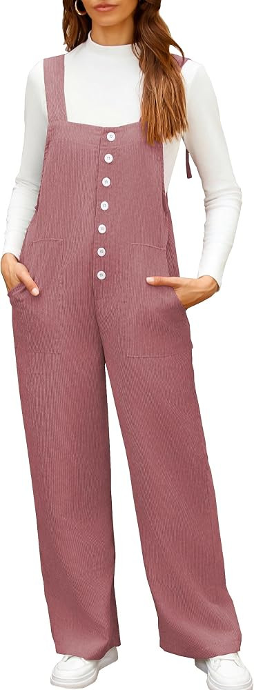 Angashion Corduroy Overalls For Women - Casual Bib Jumpsuits Adjustable Straps Wide Leg Pants But... | Amazon (US)