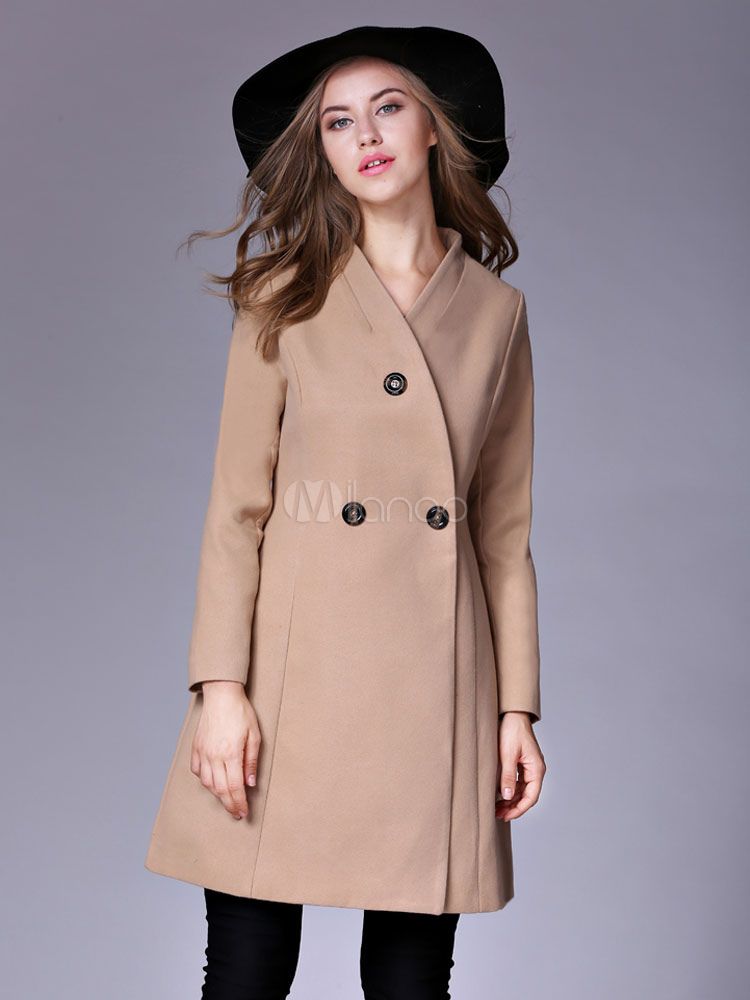 Light Tan Coat V Neck Long Sleeve Winter Coat For Women | Milanoo