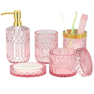 New Pink Bathroom Accessories Set - 5 PCS Glass Bathroom Decor With Soap Dispenser & Soap Dish & Toothbrush Holder & Tumbler & Cotton Swab Jar - Bathr | Wayfair North America