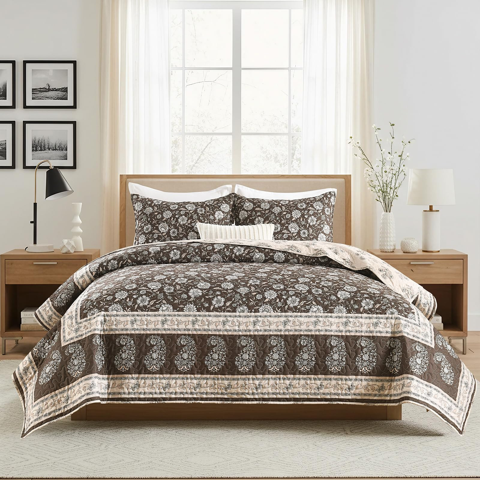 HORIMOTE HOME Brown Floral Quilt Set King Size, Bohemian Patchwork Paisley Coverlets, Soft Microf... | Amazon (US)