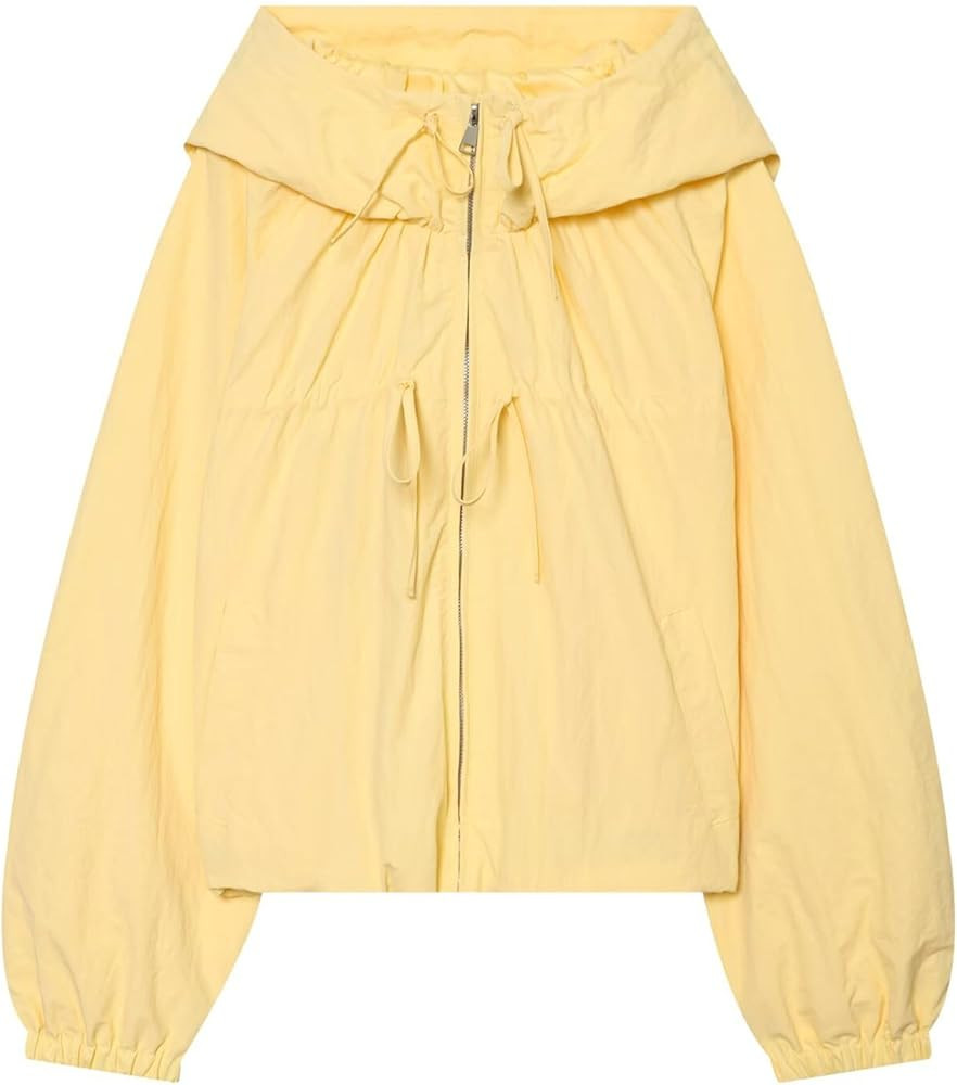 Xunger Women's Gathered Hooded Jacket Casual Loose Fit Bow Detail Coat Drawstring Hem Long Sleeve... | Amazon (US)