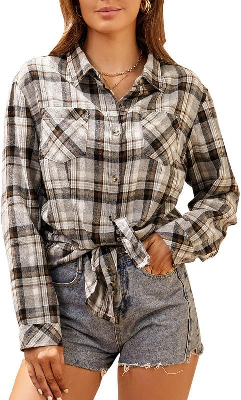 Damipow Flannel Shirt Women Long Sleeve Fall Blouse Ladies Casual Top Cute Clothes | Amazon (US)