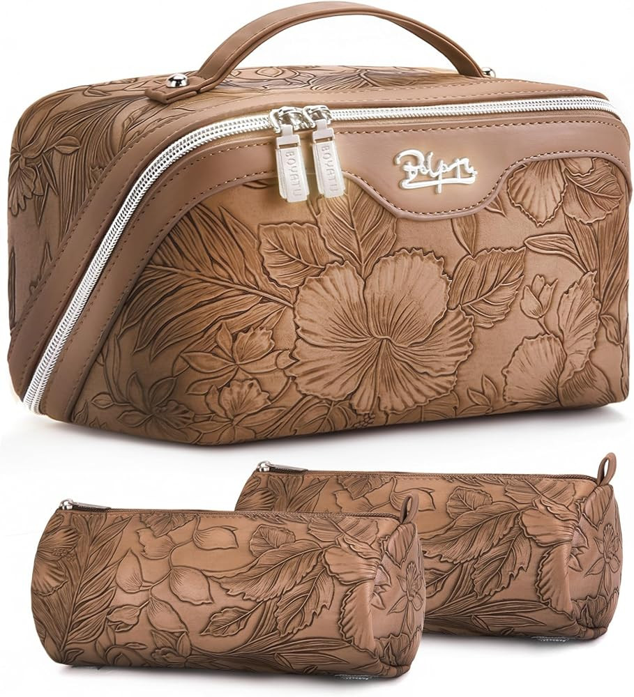 BOYATU Travel Makeup Bags Cosmetic Organizer Bag: 3-Set Large Capacity Make up Bag - PU Leather T... | Amazon (US)