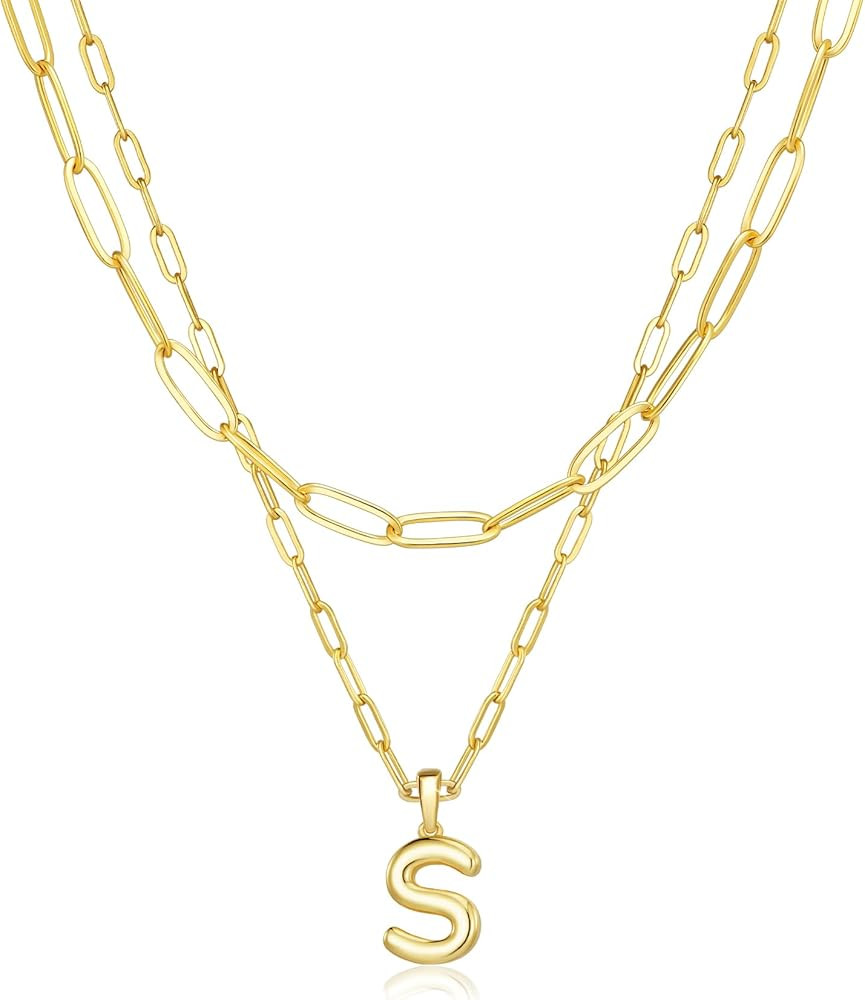 adoyi Gold Necklace for Women Layered Bubble Letter Initial Necklaces for Women Trendy Jewelry 18... | Amazon (US)