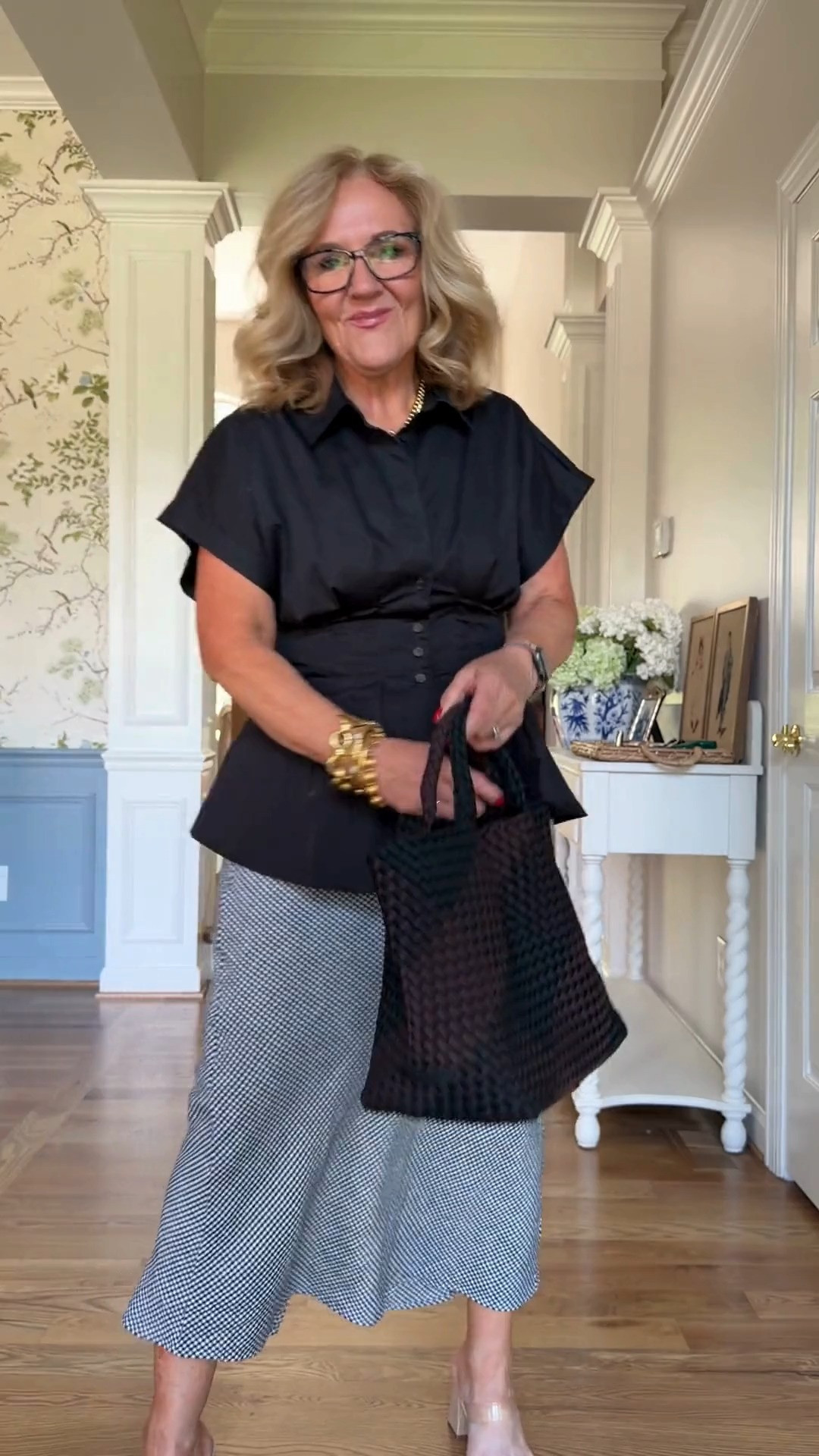 This black pleated blouse instantly elevates any outfit! The flattering tailored fit pairs perfectly with this gingham linen midi skirt for a polished look you'll wear from workdays to dinner and everything in between.

💡 LTK MADE EASY
❤️ Heart = Support my posts!
🔖 Save = Get sale & restock alerts
📋 Lists = Keep favorites organized
📲 Share = Send lists and products to a friend. Hello, Christmas List!
💬 Comment = Ask me anything about what I'm wearing.:-) 

 #LTKSeasonal #LTKActive #LTKOver40