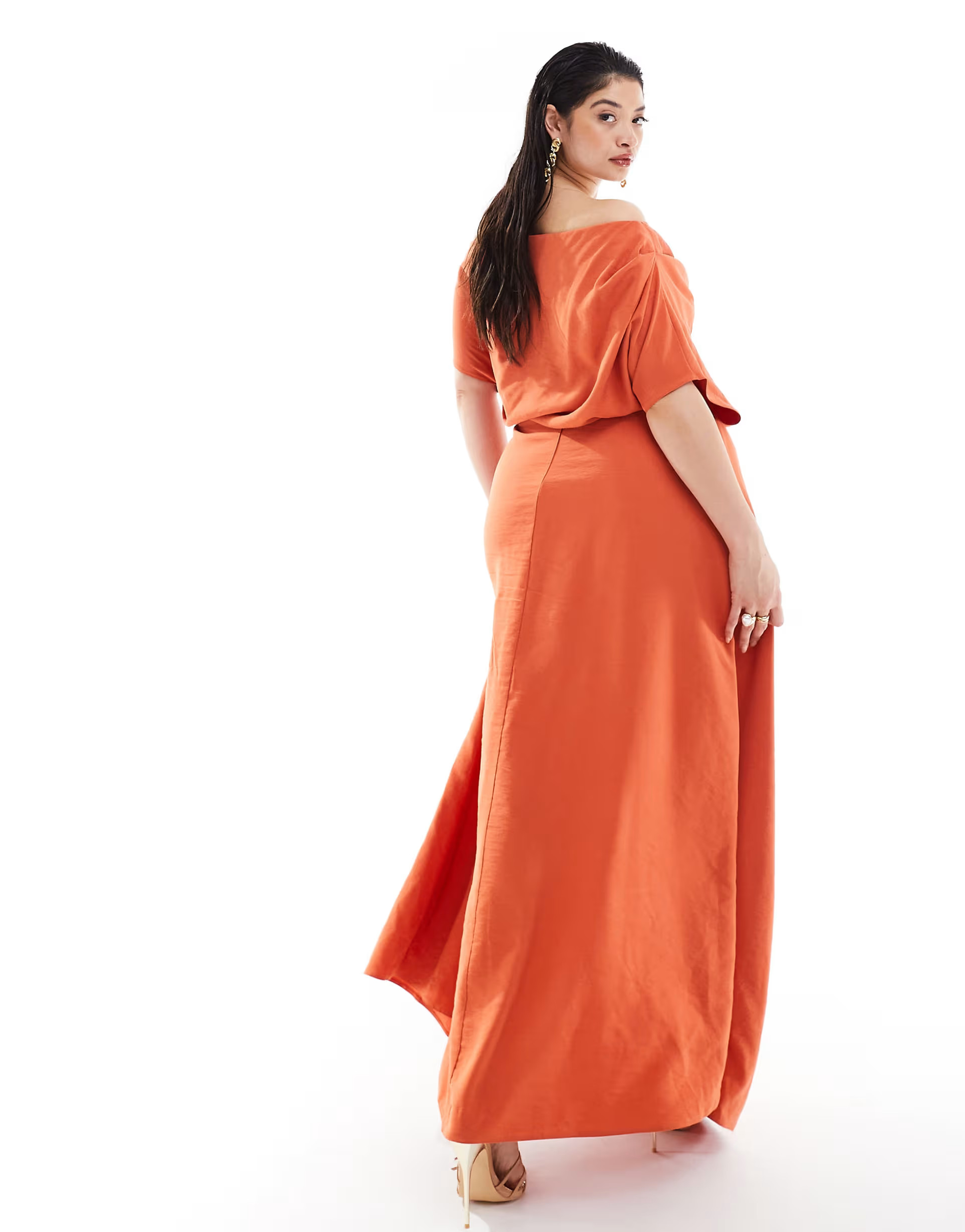ASOS DESIGN Curve exclusive textured off shoulder high split maxi dress in rust | ASOS (Global)