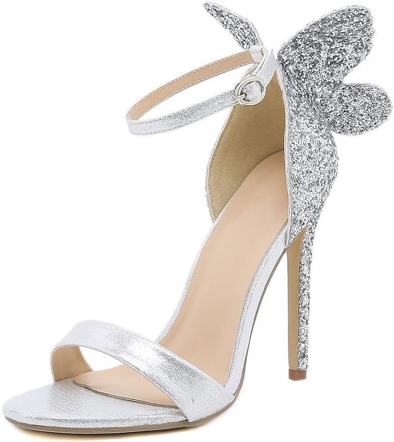 mikarka Back Bling Glitter Butterfly Stiletto Heels Sandals Open Toe High Heels Wedding Pumps | Amazon (US)