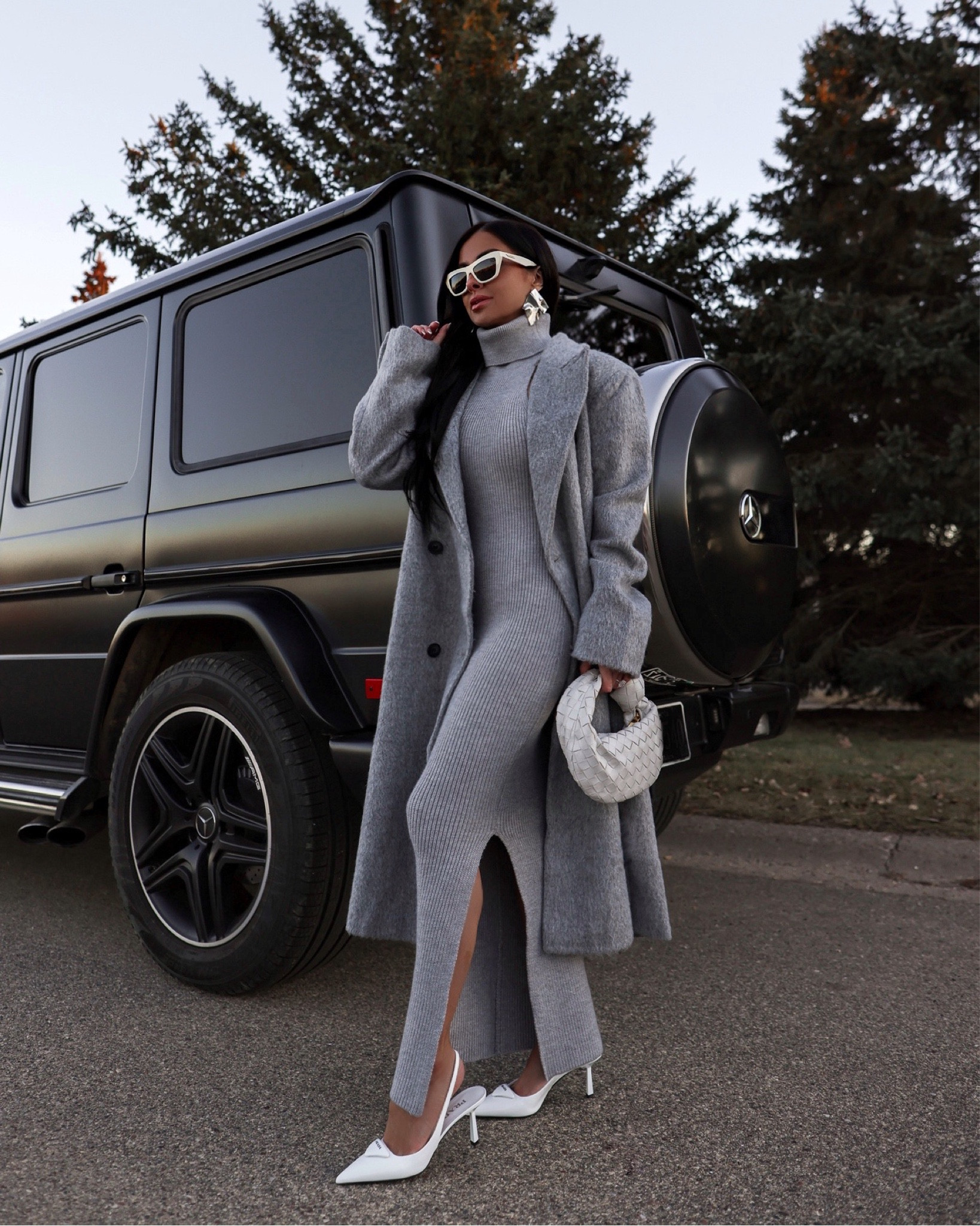 Winter outfit ideas 
Gray sweater dress wearing an XS
Gray coat wearing an XS
Prada heels run TTS
Bottega Veneta mini Jodie bag


#LTKShoeCrush #LTKWorkwear #LTKSeasonal