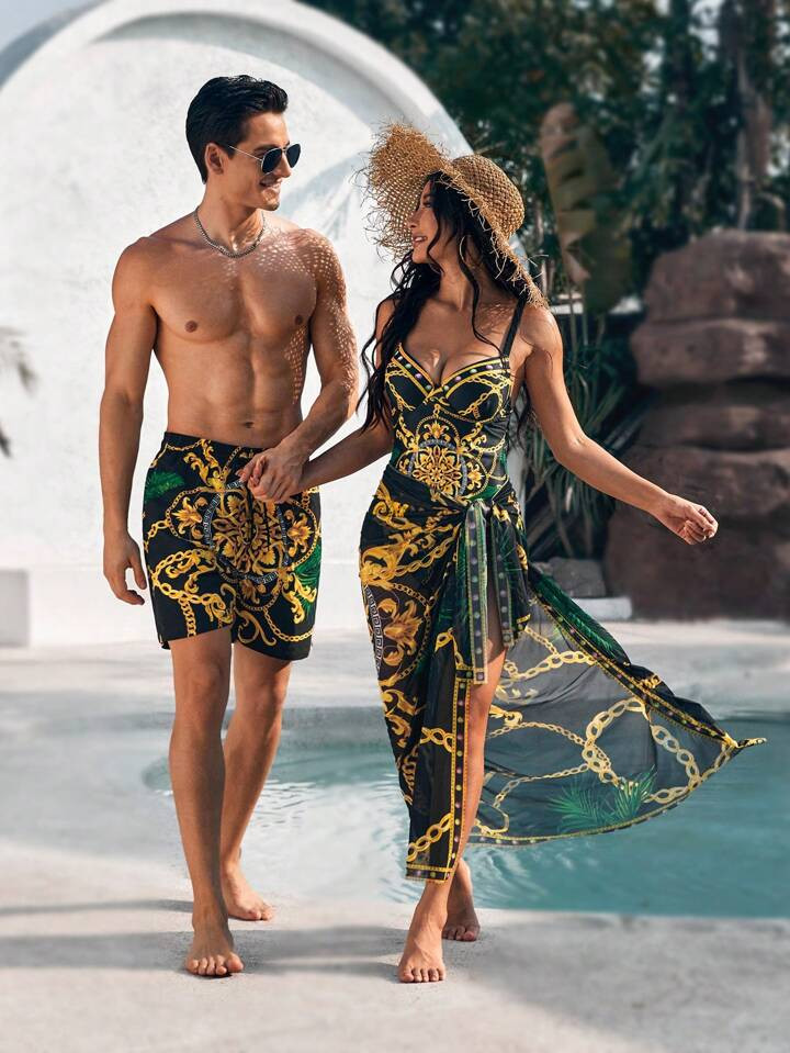 Manfinity Swimmode Men'S Drawstring Waist Beach Shorts With Chain And Baroque Print | SHEIN