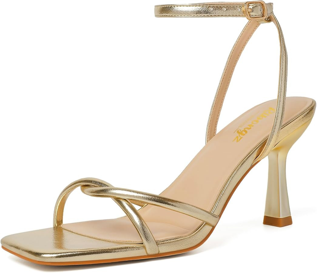 RIBONGZ Women's Heeled Sandals Square Open Toe Kitten Strappy Heels with Ankle Strap Elegant Summ... | Amazon (US)