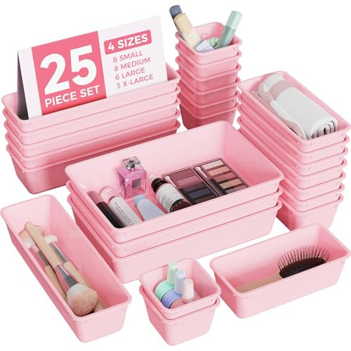 BiuLeon 25 PCS Plastic Drawer Organizers Set, 4-Sizes Vanity and Makeup Organizer, Desk and bathroom Drawer Organizer Trays, Organizers and Storage for Makeup, Jewelry, Gadgets, Utensils (Pink) | Amazon (US)
