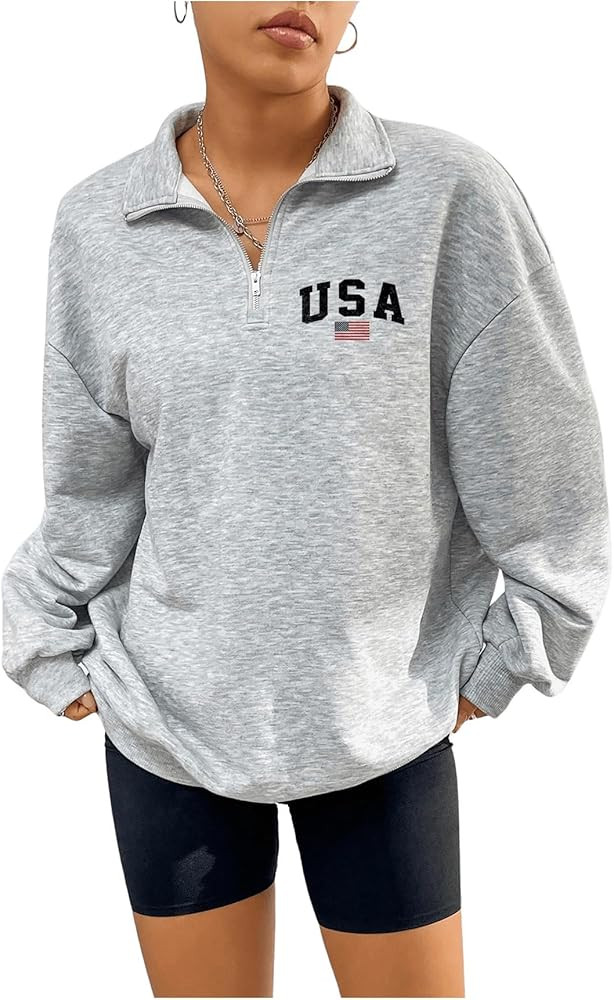 GORGLITTER Women's American Flag Graphic Letter Quarter Zip Pullover Sweatshirt Casual Long Sleev... | Amazon (US)