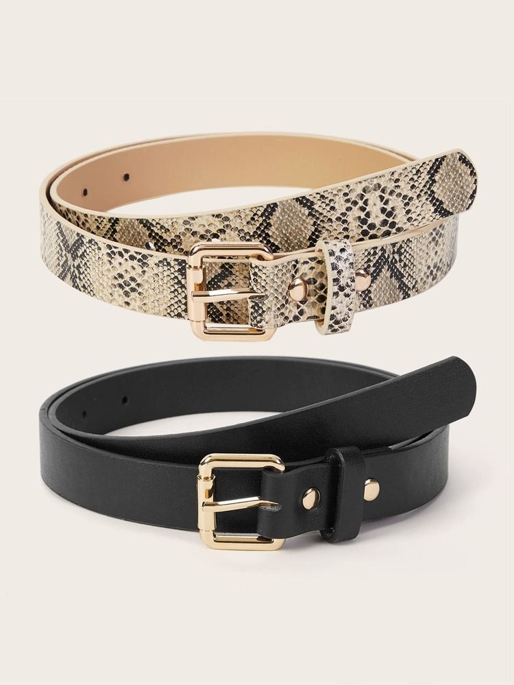 Snakeskin Pattern Metal Buckle Belt 2pcs | SHEIN