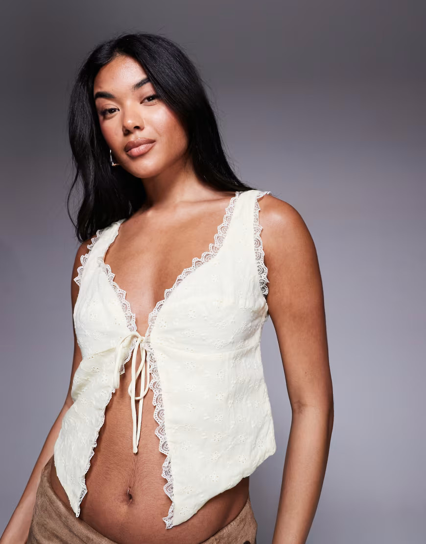 Princess Polly Merrelle scallop lace trim detail tie split front top in yellow | ASOS (Global)