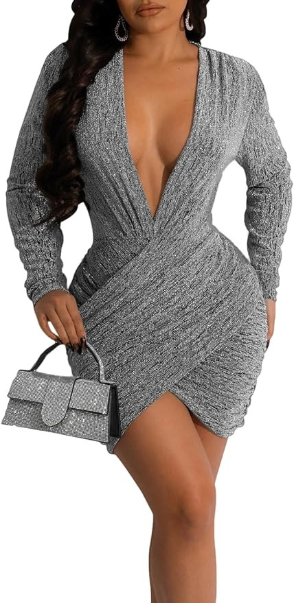 YouSexy Women's Sexy V Neck Bodycon Mini Dress Long Sleeve Sequin Ruched Club Party Dresses | Amazon (US)