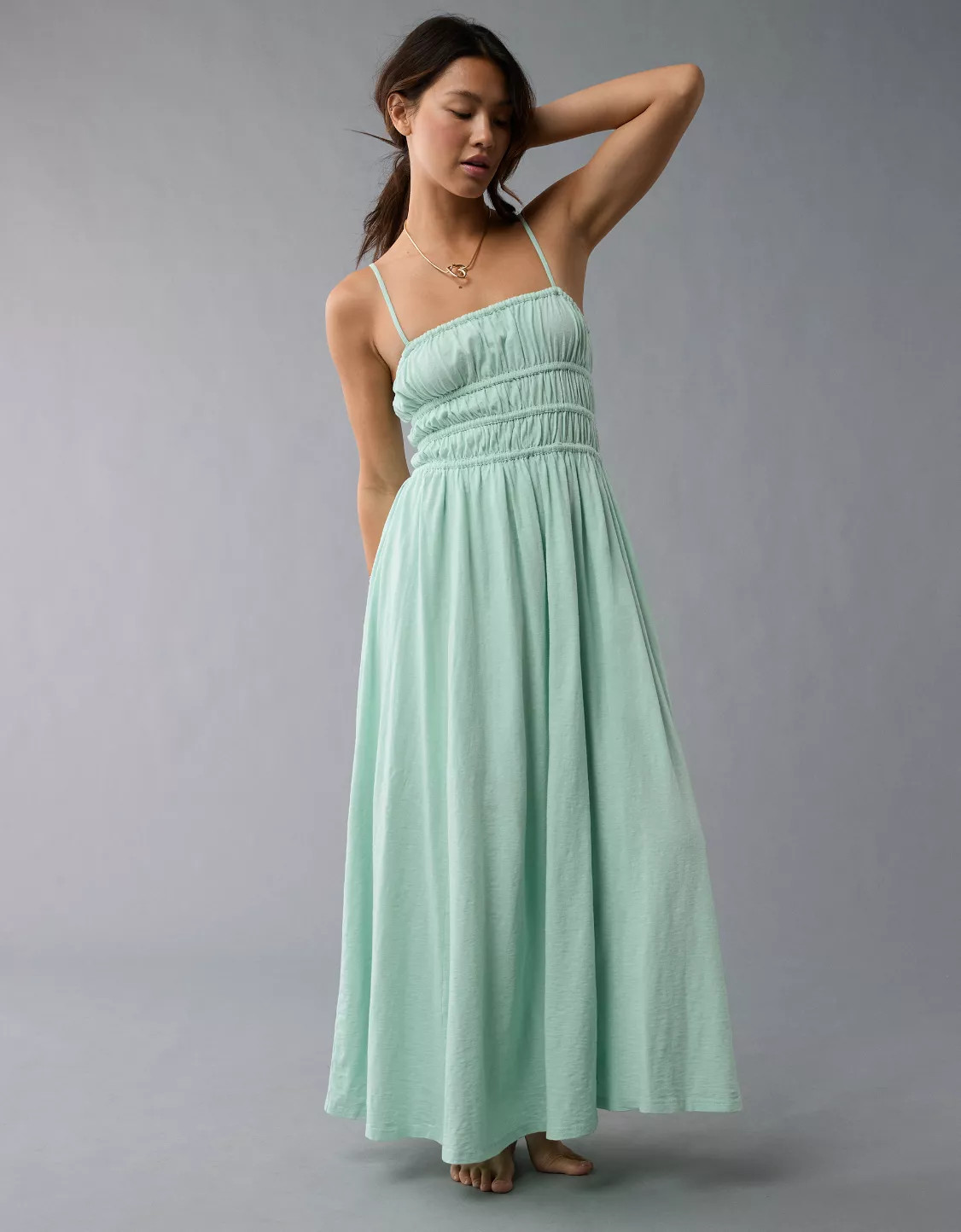 AE Sunchaser Knit Smocked Bodice Midi Dress | American Eagle Outfitters (US & CA)