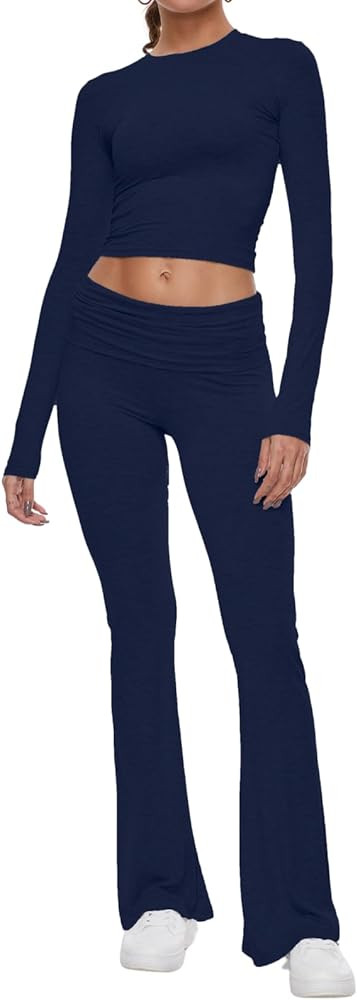 AnotherChill Women's 2 Piece Lounge Sets Fold-over Flare Pants Set Long Sleeve Cropped Top Casual... | Amazon (US)