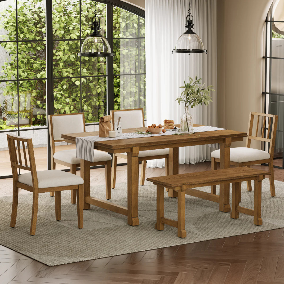 Streamdale 6-Piece Farmhouse Dining Set with Solid Wood Frame (Walnut/Beige) | Shop Simon