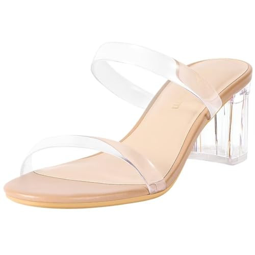 Heels Charm Women's Clear Block Chunky Low Heeled Sandals 2.75 Inches Open Toe Two Strap Block High Heel Slip on Sandal Dress Sandals Daily Work Party Shoes Nude Clear Block Heeled Sandal Size 8.5 | Amazon (US)