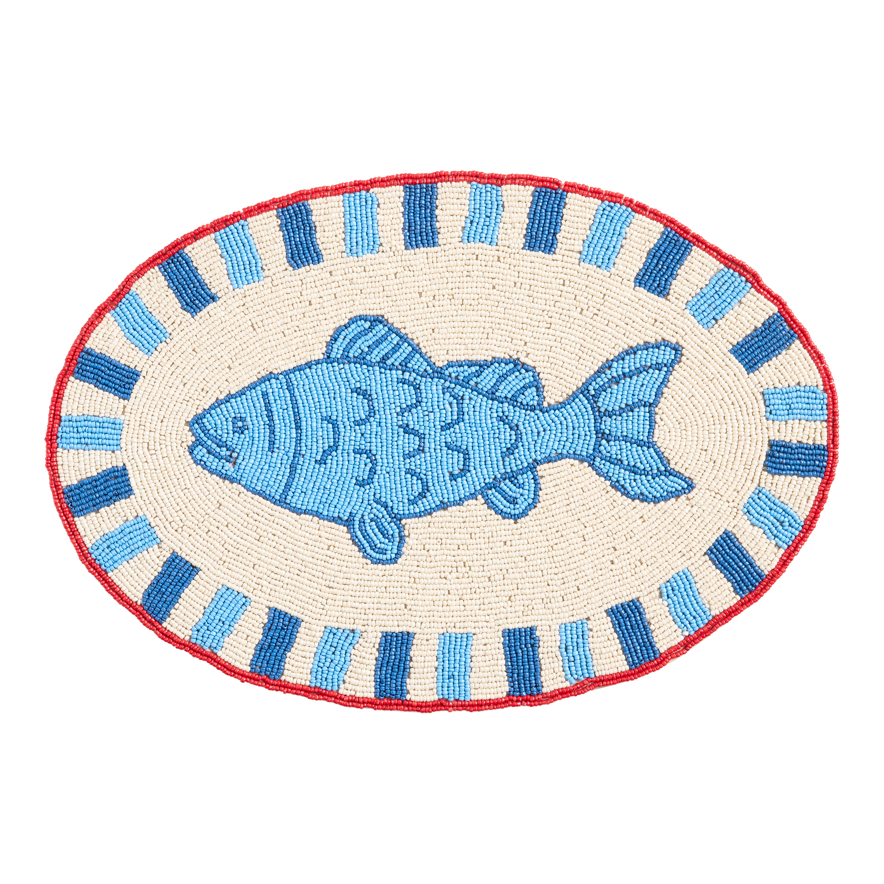 Oval Blue Fish and Stripe Beaded Placemat | World Market