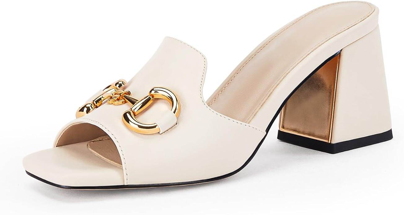 gihubafuil Women's Sandals Peep Toe Slides Chunky Heel Mules Single Band Comfort Slip-on Shoes wi... | Amazon (US)