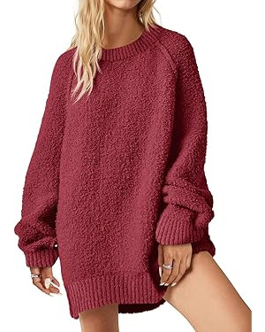 Saodimallsu Womens Oversized Sweater 2025 Fall Trendy Fuzzy Crew Neck Long Sleeve Casual Tunic Sw... | Amazon (US)