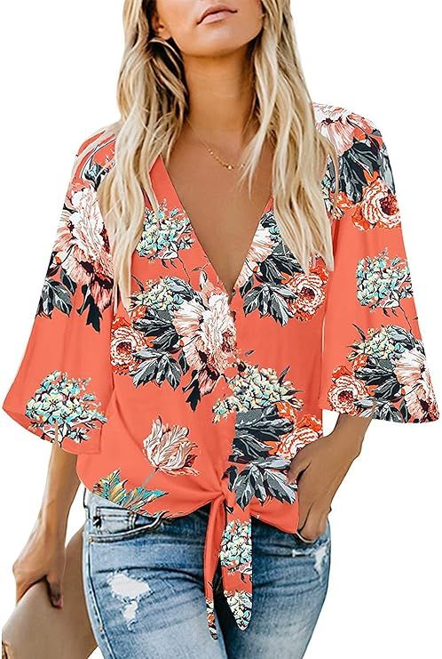 Women's Casual Floral Blouse Batwing Sleeve Loose Fitting Shirts Boho Knot Front Tops | Amazon (US)