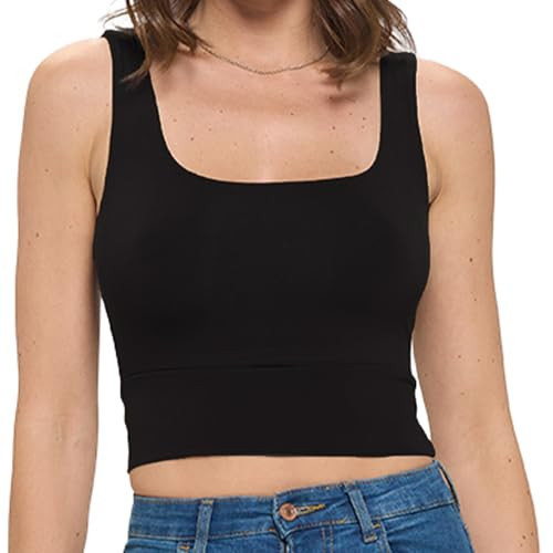 Women's Sleeveless Square Neck Crop Top, Basic Slim Fit Shirt, Sexy Casual Cute Going Out, Trendy Spring Summer 2024, Small, Black | Amazon (US)