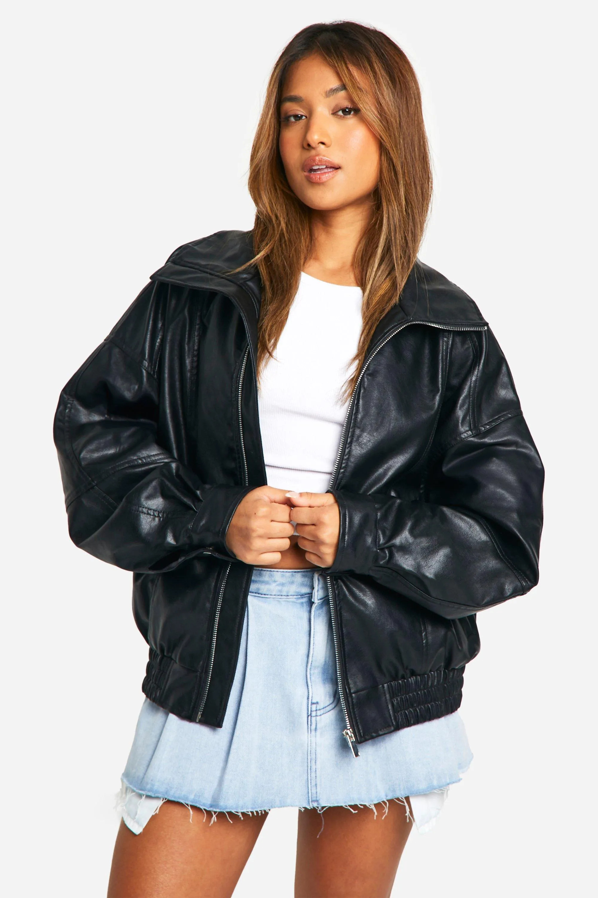 Petite Pu Seam Detail Oversized Bomber Jacket | boohoo (US & Canada)
