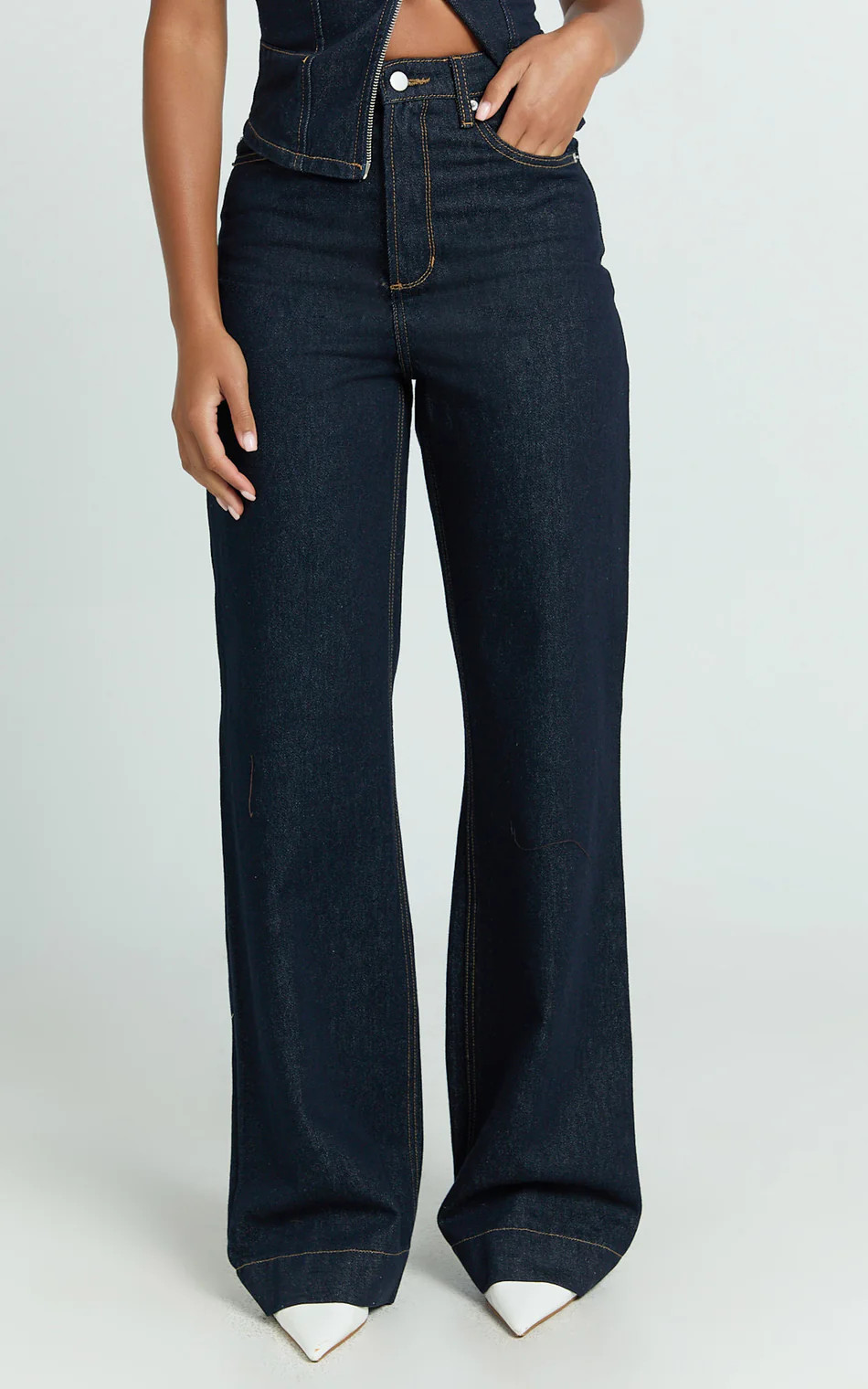 Emman Jeans - High Waisted Cotton Wide Leg Denim Jeans in Raw Denim with Tobacco Stitch | Showpo (US, UK & Europe)