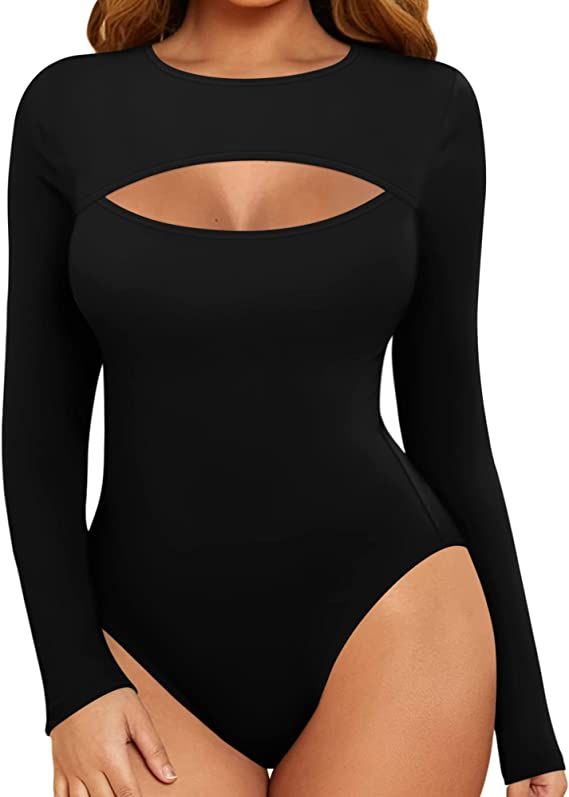MANGOPOP Women's Sexy Cutout Front T Shirt Long Sleeve Short Sleeve Bodysuit Jumpsuits | Amazon (US)
