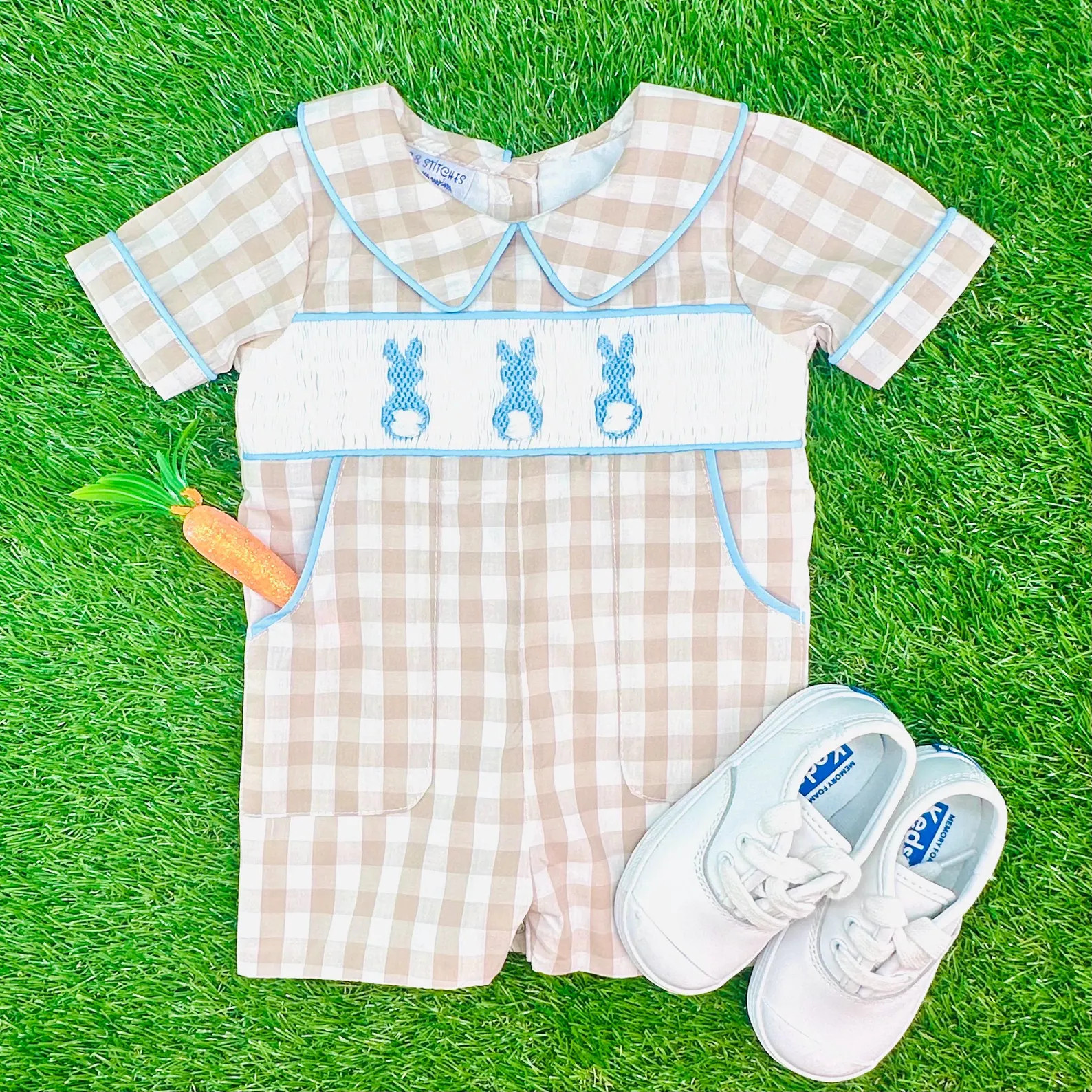Smocked Easter Bunny Shortall on Tan Gingham - Vintage Style, Heirloom, Hand Smocked, Baby Boy Jo... | Etsy (US)