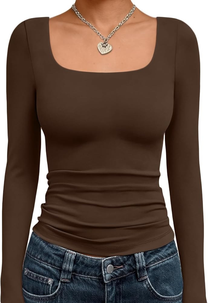 Trendy Queen Womens Long Sleeve Shirts Crop Tops Fall Fashion Solid Square Neck Going Out Basics ... | Amazon (US)