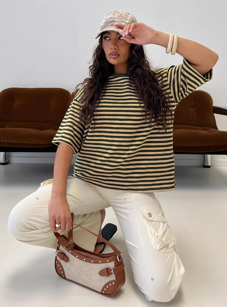 Settle Down Short Sleeve Top Green / Cream Stripe | Princess Polly US