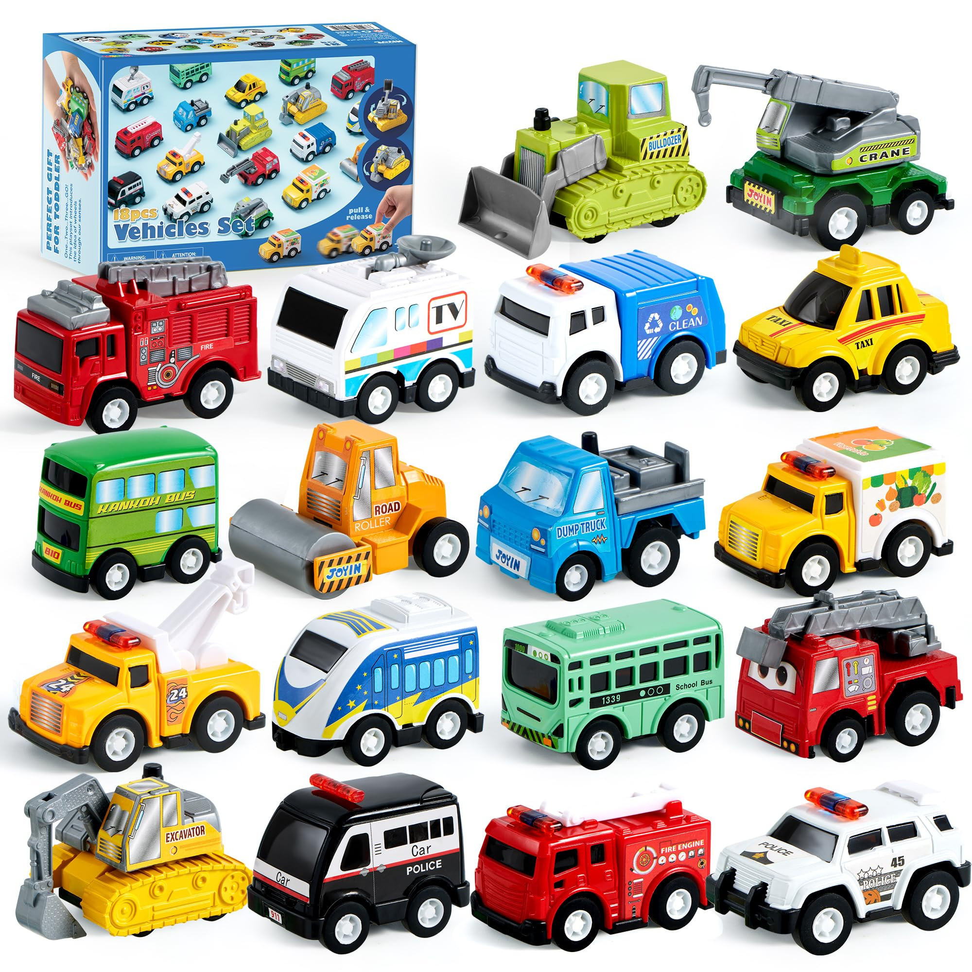 JOYIN 18 Pcs Pull Back City Cars and Trucks Toy Vehicles Set, Friction Powered Cars Toys for Todd... | Amazon (US)